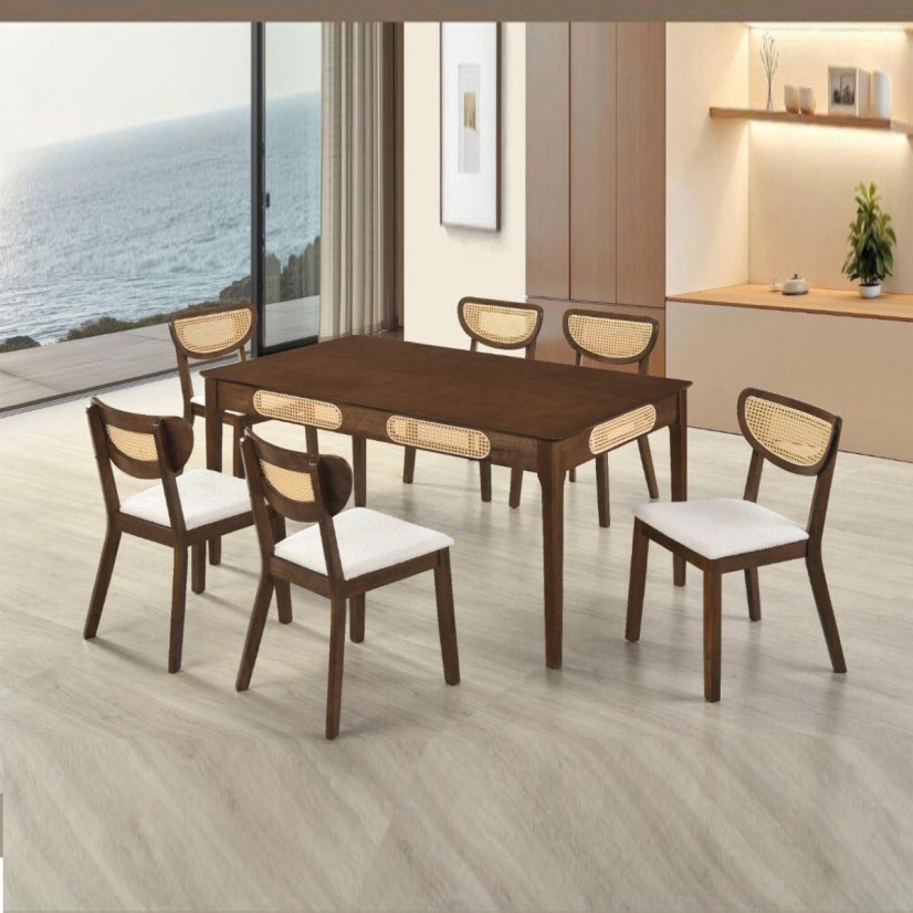 طاولة طعام خشب والنت ماليزي أنيقة 6كرسي لمسة ريفية دافئة بتصميم الروطان