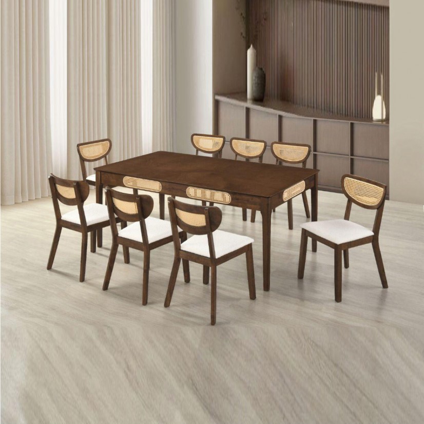 طاولة طعام خشب والنت ماليزي أنيقة 8 كرسي لمسة ريفية دافئة بتصميم الروطان