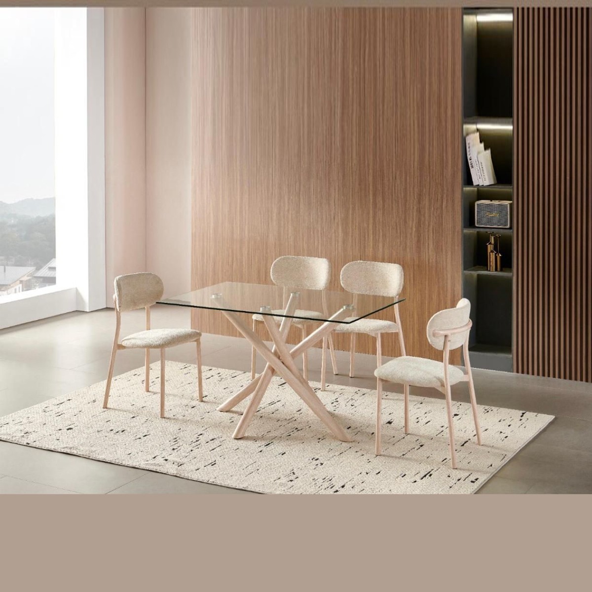 طقم طاولة طعام "ترافرتينو" (Travertino) - إبداع هندسي بمزيج الزجاج والخشب الفاتح طقم طاولة طعام "ترافرتينو" (Travertino) - إبداع هندسي بمزيج الزجاج والخشب الفاتح