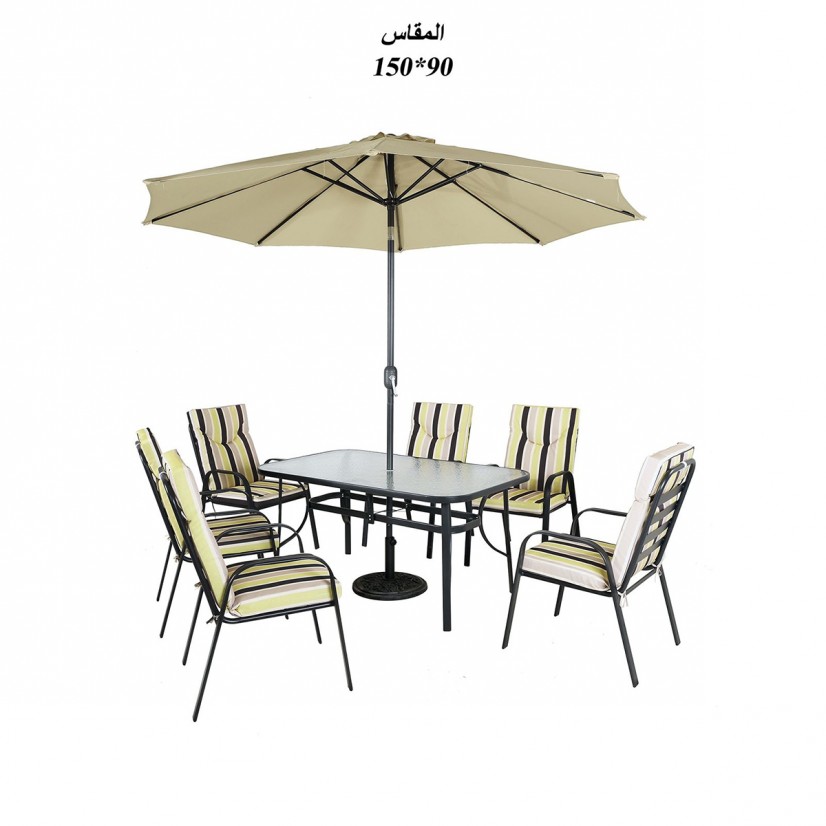 طقم طاولة طعام حدائق لـ 6 أشخاص مع كراسي مبطنة ومظلة - رفاهية الضيافة الخارجية