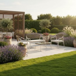 طقم جلسات خارجية فاخر 4 قطع - إطار معدني أبيض مع حبال منسوجة ووسائد بيج - أثاث حدائق عصري