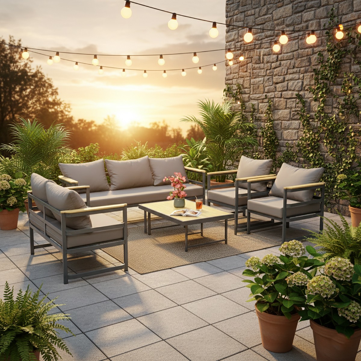 طقم جلسة خارجية "كوزي" مودرن - تناغم الخشب والرمادي الدافئ