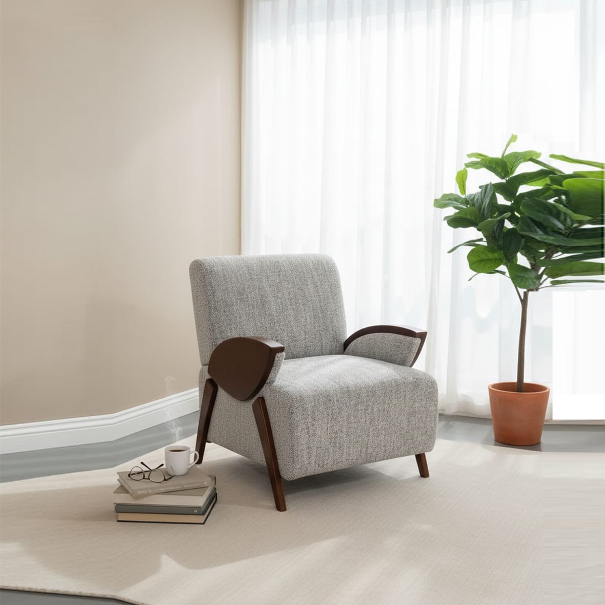 كرسي رمادي  "مودرن ريلاكس" - أناقة الخشب وراحة القماش