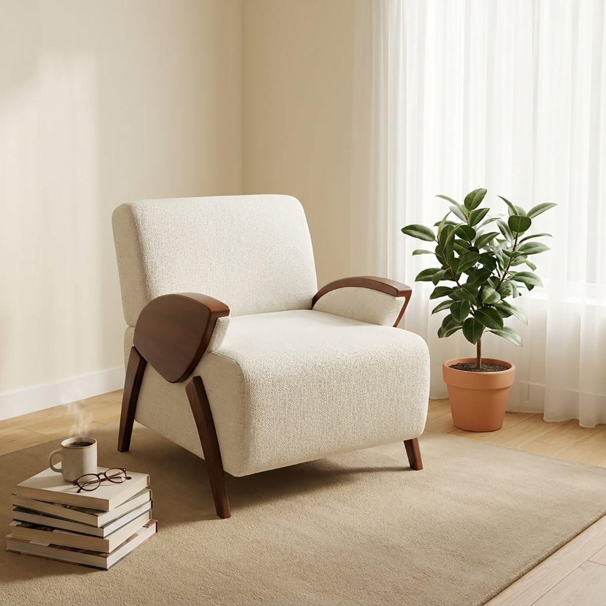 كرسي بيج "مودرن ريلاكس" - أناقة الخشب وراحة القماش