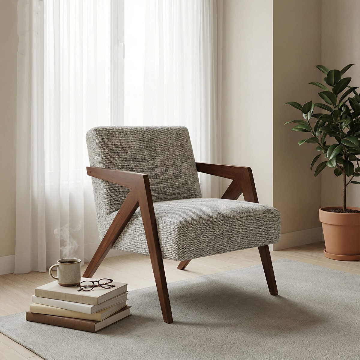 كرسي رمادي "مودرن إليجانس" - تناغم الخشب والقماش الفاخر