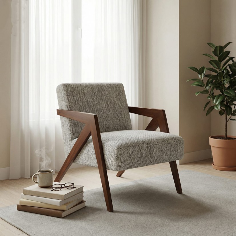 كرسي رمادي "مودرن إليجانس" - تناغم الخشب والقماش الفاخر