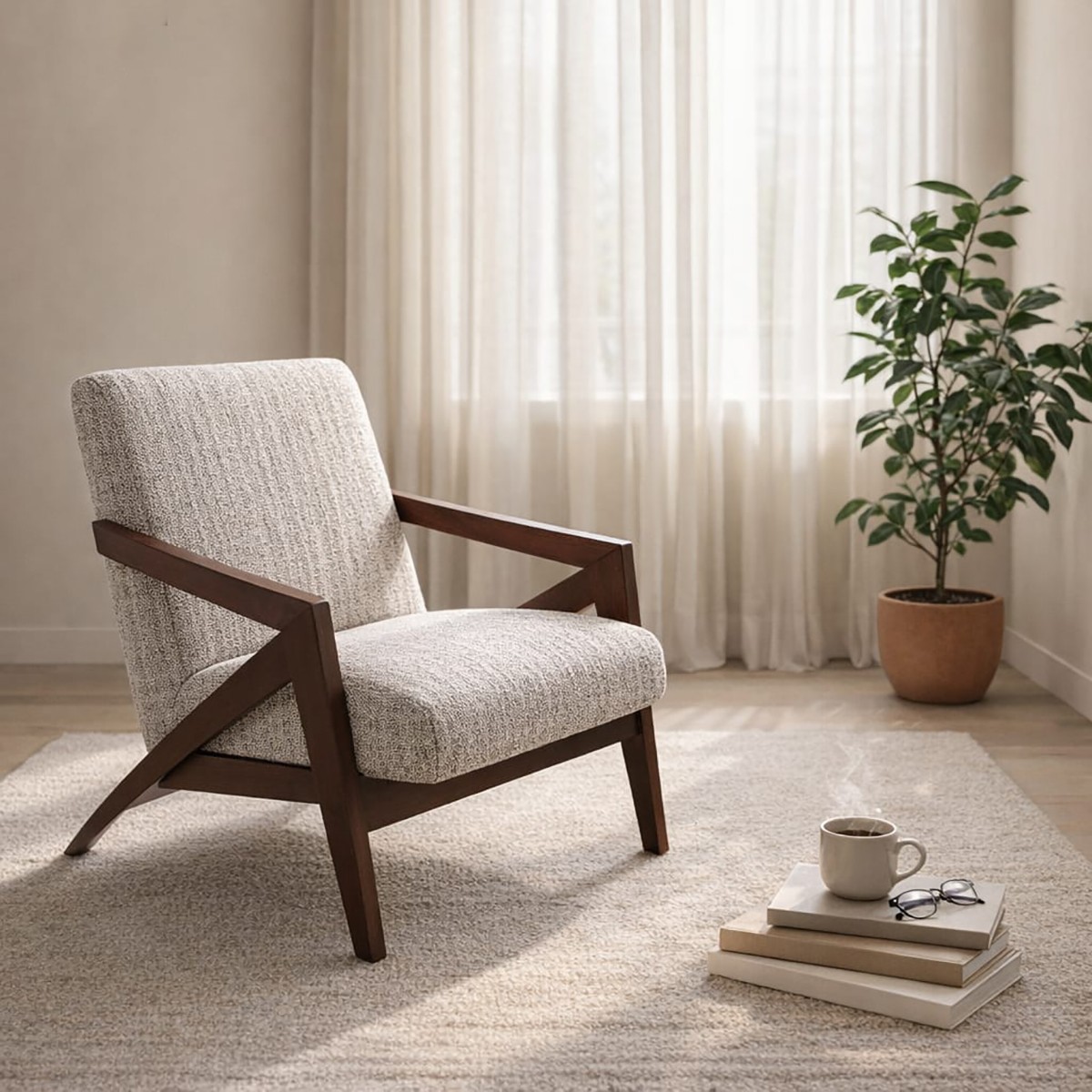 كرسي رمادي فاتح  "مودرن إليجانس" - تناغم الخشب والقماش الفاخر