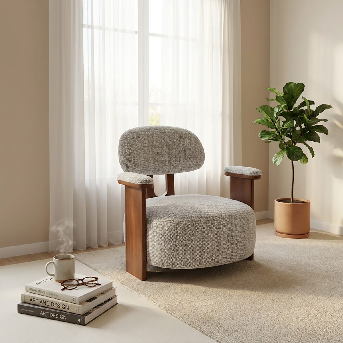 كرسي "أورا" رمادي فاتح  الثابت - هندسة خشبية وتصميم عصري فريد