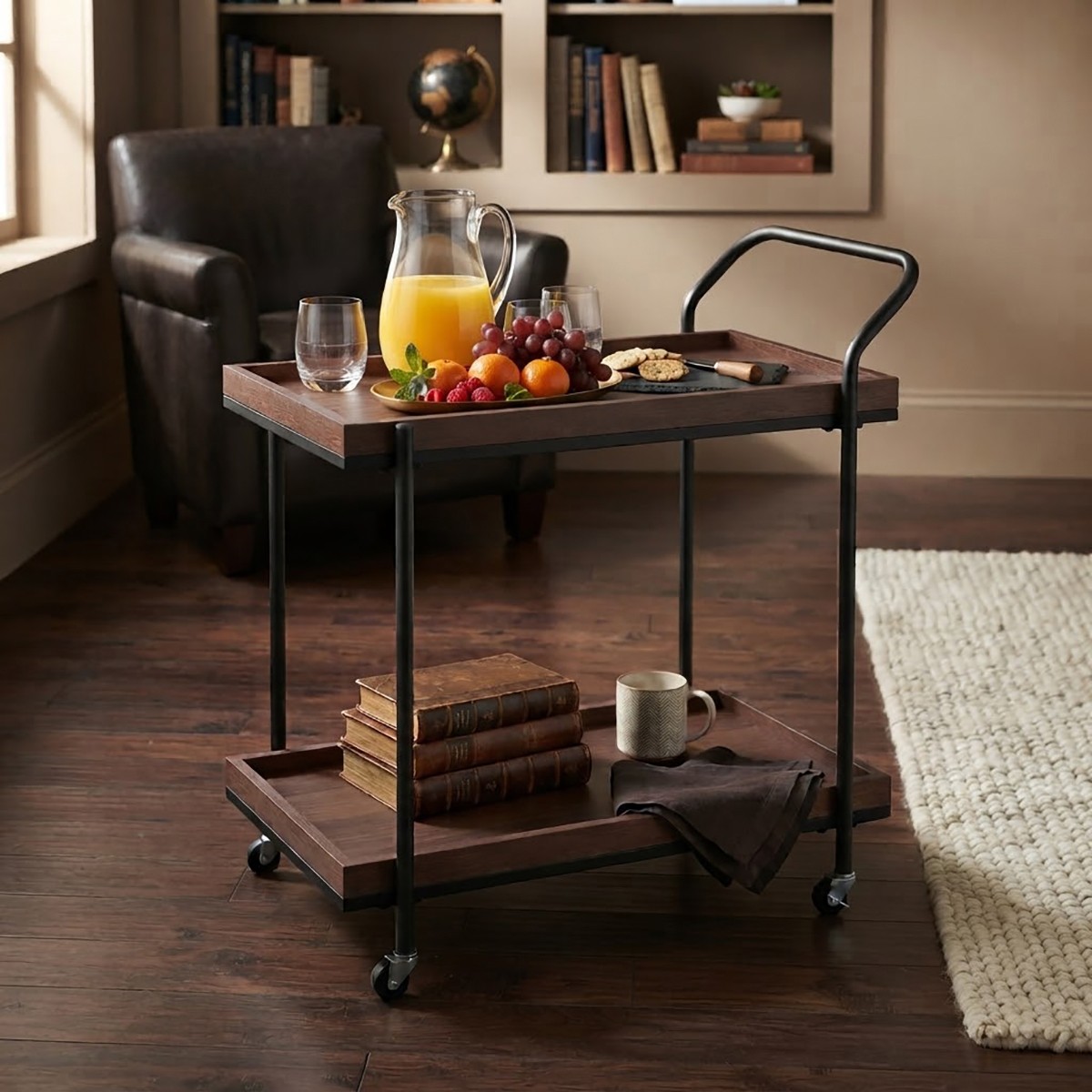 عربة خدمة مطبخ خشبية بعجلات بتصميم عصري (Dark Walnut)