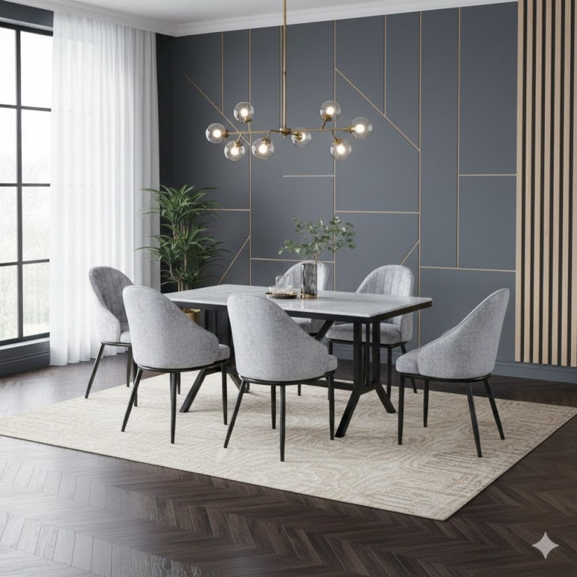 طقم طاولة طعام مودرن 6 كرسي رمادي - أناقة هندسية وتصميم عصري