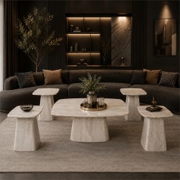 طقم طاولات شاي رخام مستطيل خشب فاتح ومودرن