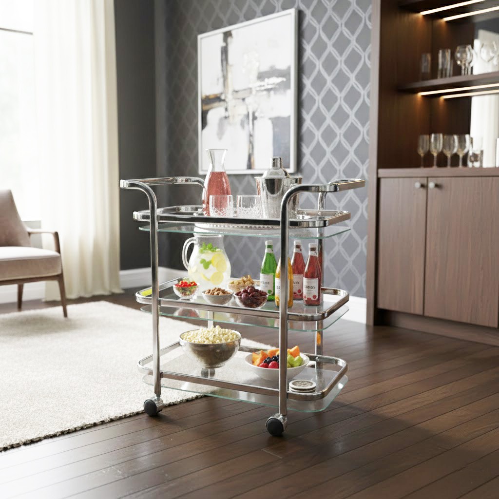 عربة تقديم وضيافة "ستيلار" فضي 2دور- أناقة الحركة والشفافية