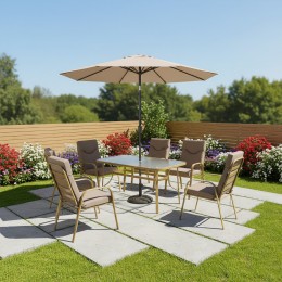 طاولة طعام حدائق رويال 6كرسي- ضيافة خارجية بمقاس رحب بيج غامق ذهبي