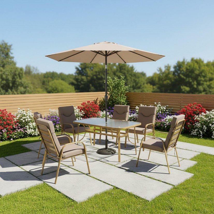 طاولة طعام حدائق رويال 6كرسي- ضيافة خارجية بمقاس رحب بيج غامق ذهبي