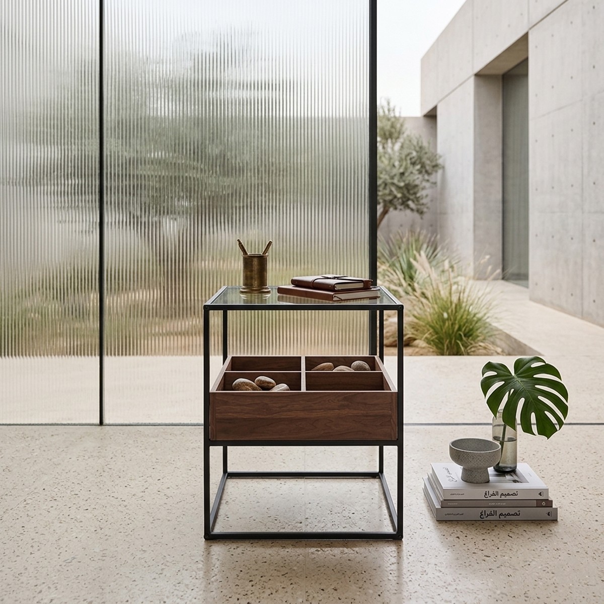 طاولة خدمة زجاجية مودرن 40x40 سم - هيكل معدني أسود مع درج تخزين خشبي مقسم