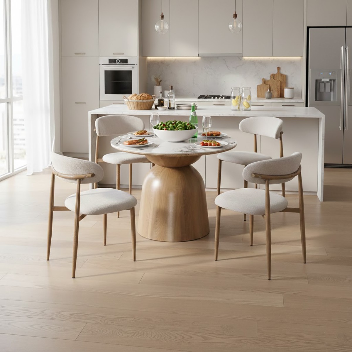 طقم طاولة طعام "سيراميك آرت"4 كرسي - تناغم الأبيض والخشب الطبيعي