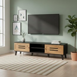 طاولة تلفزيون "أورورا" 160سم مودرن - فخامة الأسود ودفء خشب الأوكا