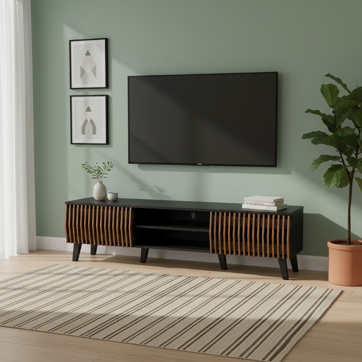 طاولة تلفزيون "أورورا" 160سم - فخامة الأسود مع لمسات البني الغامق